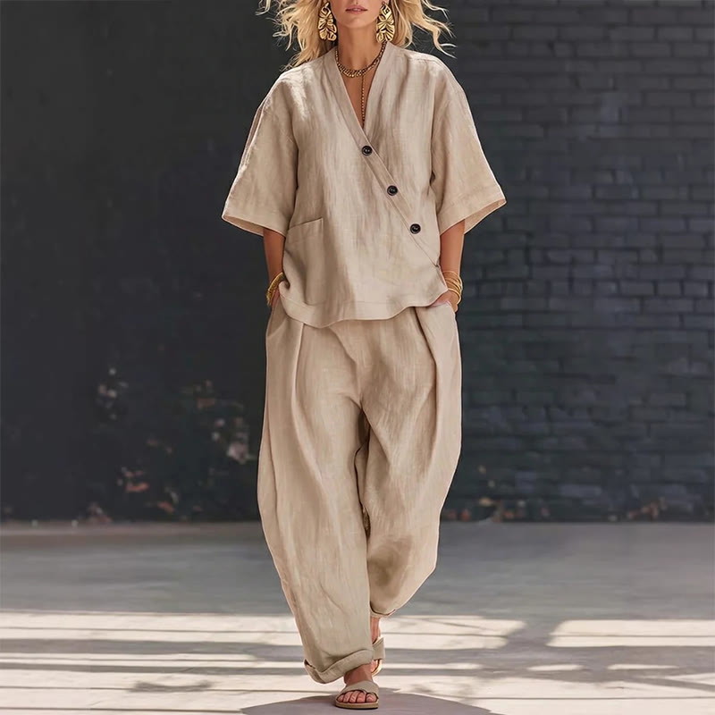 Cozy Solid Loose-fitting 3/4 Sleeve Blouse&wide-leg Pants Set - Khaki - 5XL - image 5