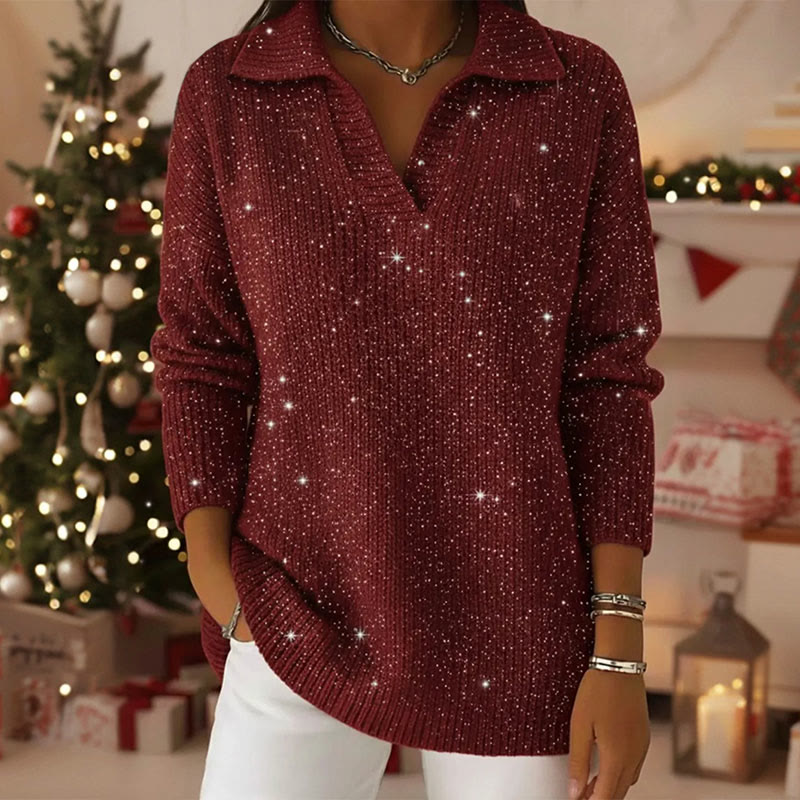 Starry Sky Collared Long Sleeved Sweater - Red - 5XL - image 3