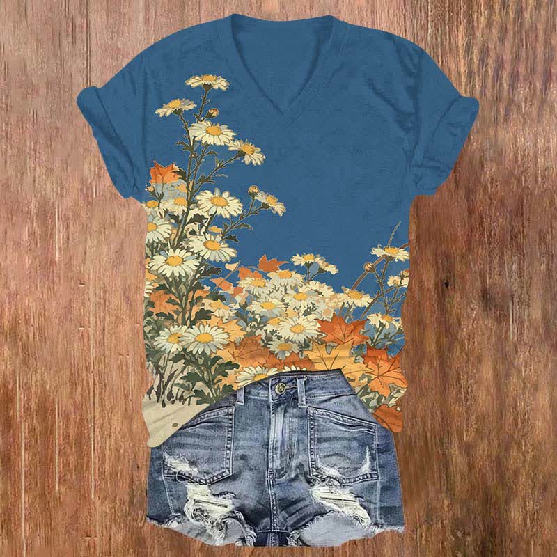 Japanese Oil Painting Sunflower Art Print V-neck T-shirt - Blue - US32-34(5XL) - image 5