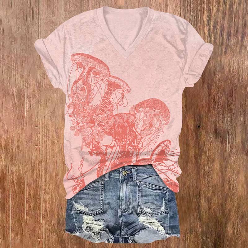 Ocean Inspired Style Neon Jellyfish Print V-neck T-shirt - Pink - US32-34(5XL) - image 4