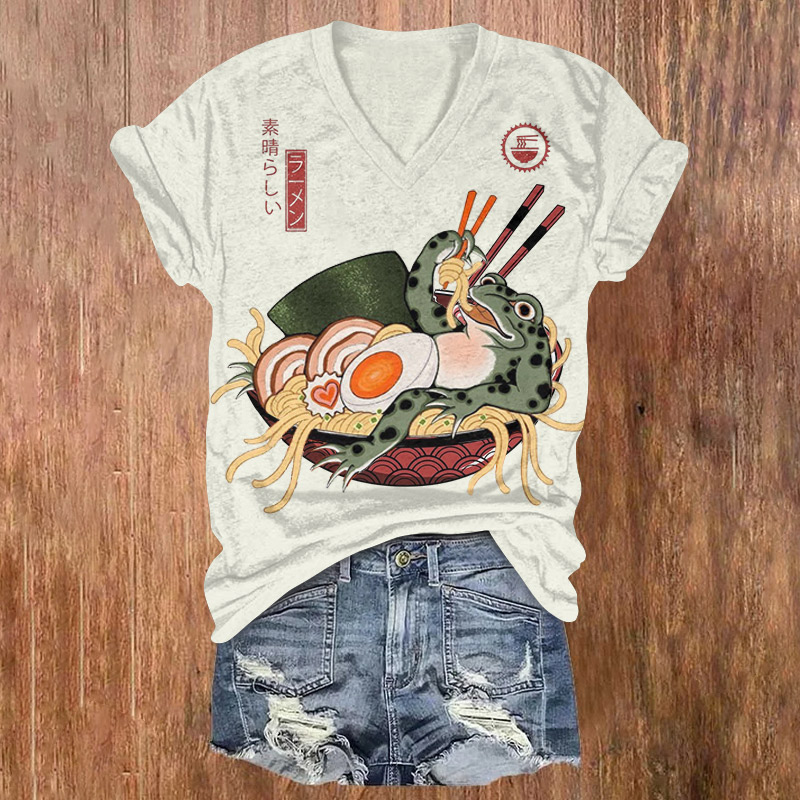 A Playful Japanese-style Frog Eating Noodles Printed Short Sleeved V-neck T-shirt - Light Gray - US32-34(5XL) - image 1