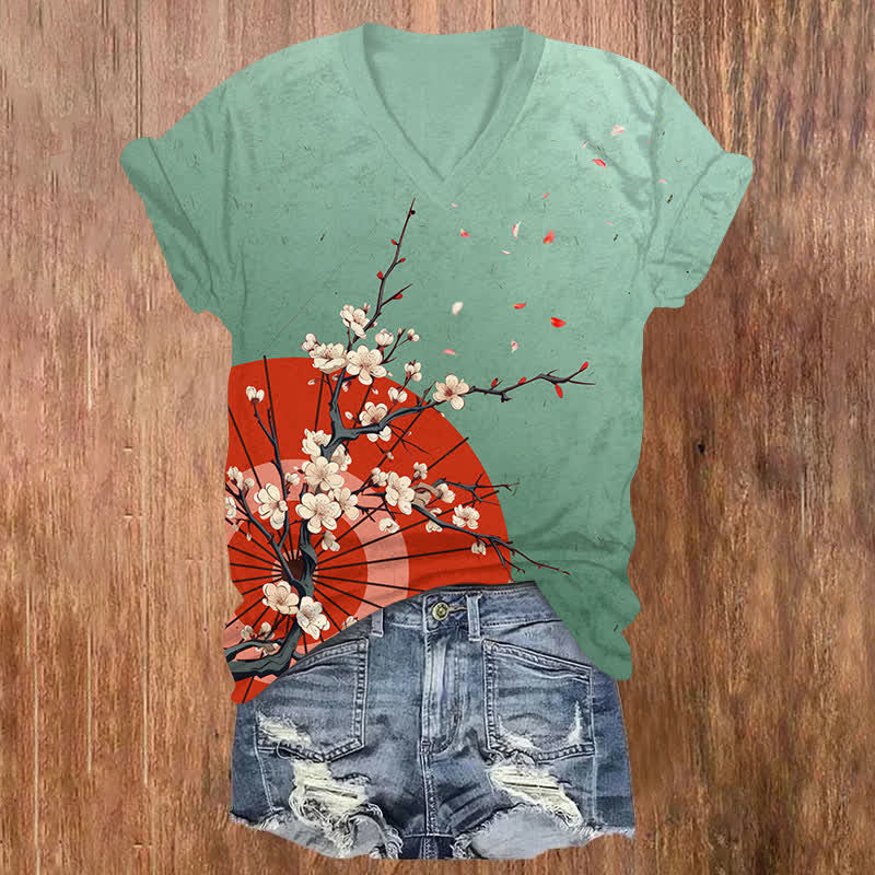 Japanese Vintage Sakura Umbrella Art Print V-neck T-shirt - Green - US32-34(5XL) - image 6
