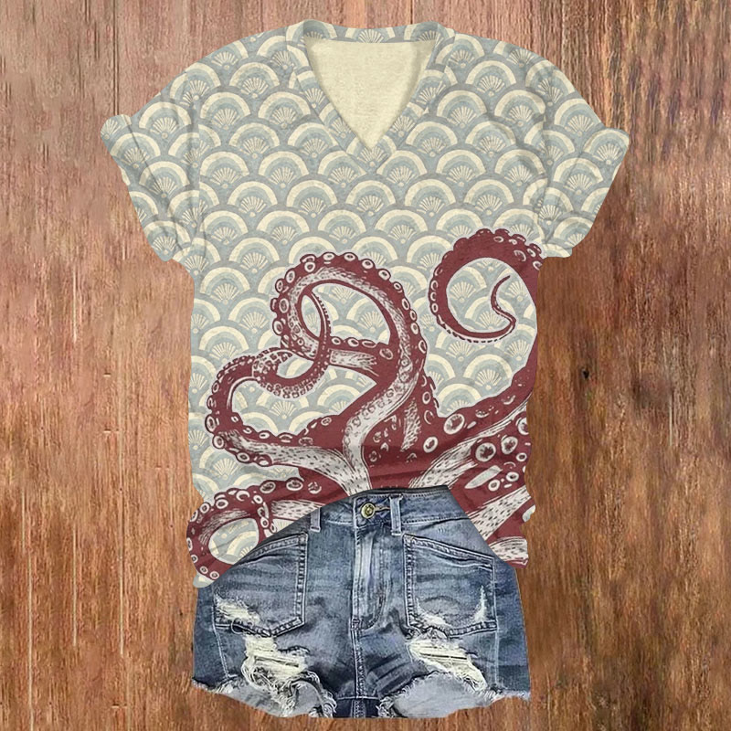Japanese Watercolor Octopus Geometry Print Short Sleeved V-neck T-shirt - Apricot - US32-34(5XL) - image 3