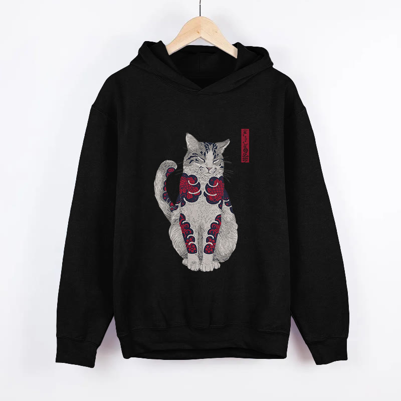 Unisex Japanese  Cat Pattern Long Sleeved Hoodie - Black - US44-46(8XL) - image 5