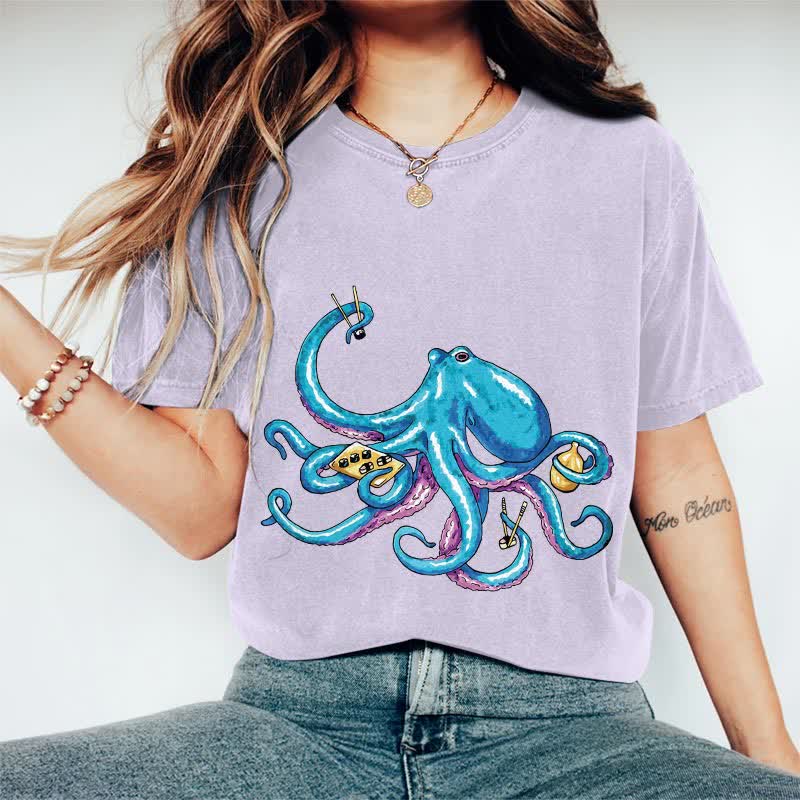 100% Cotton Japanese Creative Octopus Holding Sushi Art T-shirt - Purple - 2XL - image 12