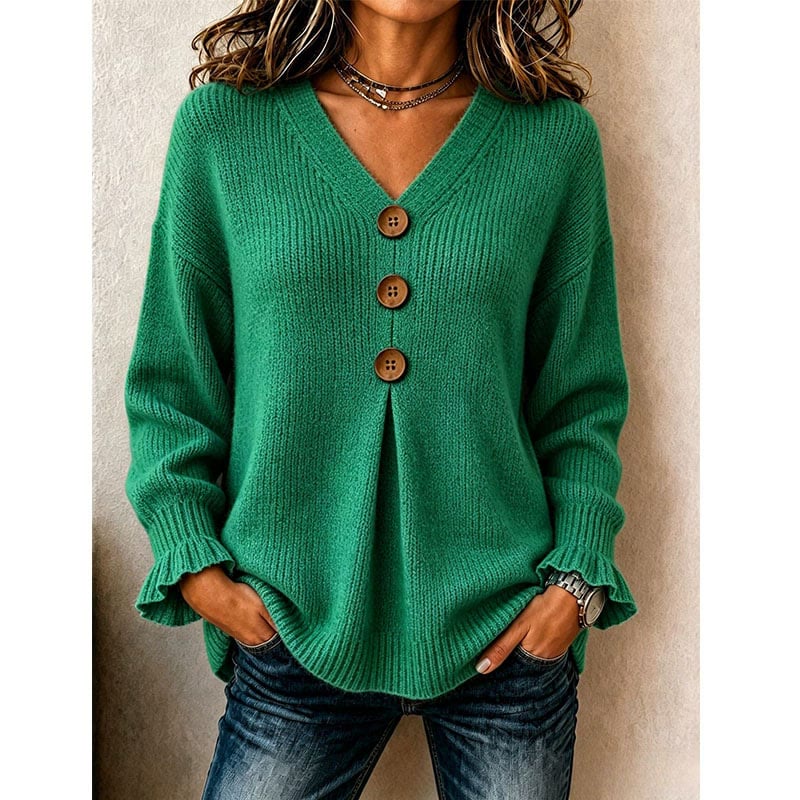 Women's V-Neck Knit Top With Decorative Buttons & Ruffle Cuffs - Green - 3XL - image 12