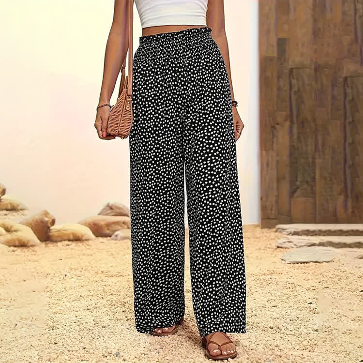 Resort Elegant Dot Print Elastic-waist Ruffled Wide-leg Pants - image 3
