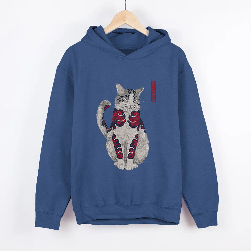 Unisex Japanese  Cat Pattern Long Sleeved Hoodie - Dark Blue - US44-46(8XL) - image 4