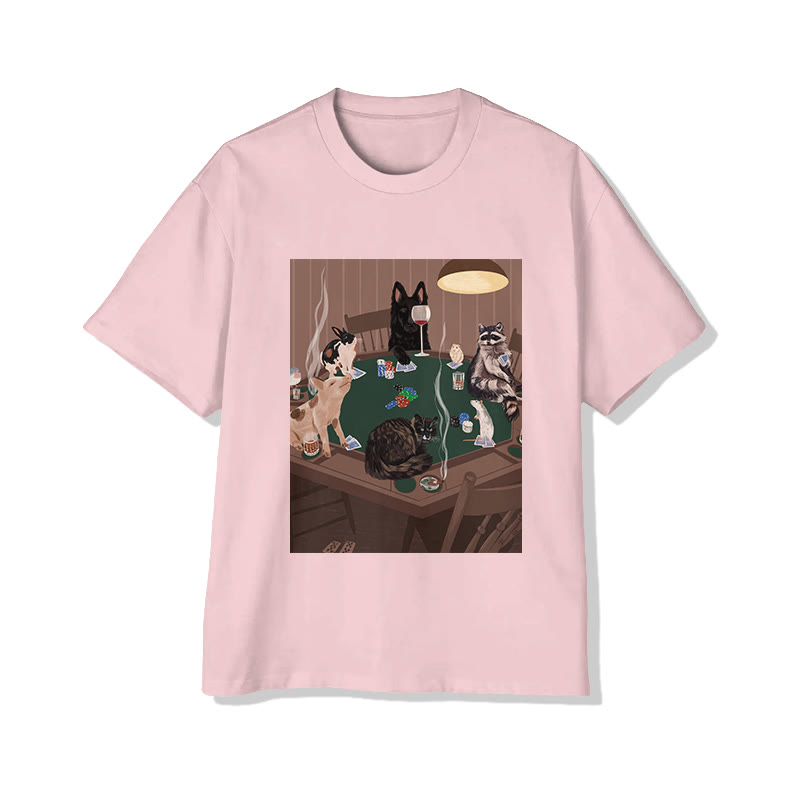 Unisex Vintage Animal Poker Night Print Short Sleeved Crew Neck T-Shirt - Pink - 2XL - image 3