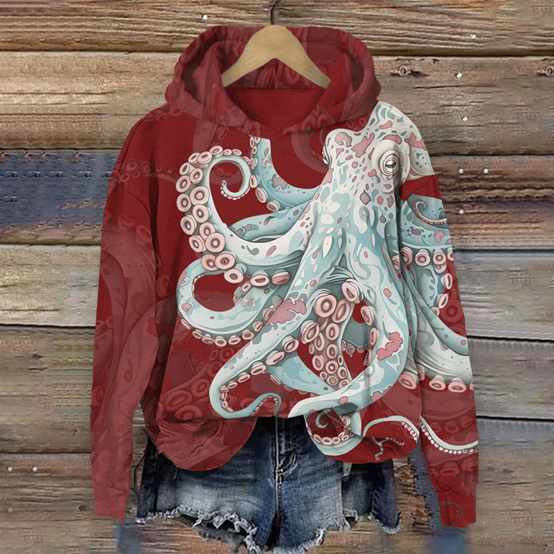 Vintage Giant Leopard Octopus Print Long Sleeve Hoodie - Red - US44-46(8XL) - image 3