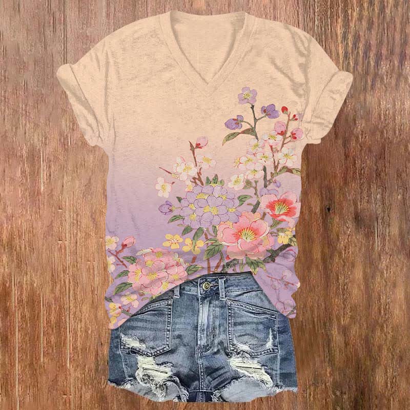 Japanese Flowers Competing For Beauty Art Print V-neck T-shirt - Purple - US32-34(5XL) - image 5