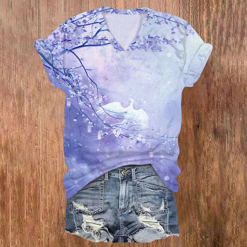 Phoenix & Flower Print v-neck T-Shirt - Purple - US32-34(5XL) - image 4