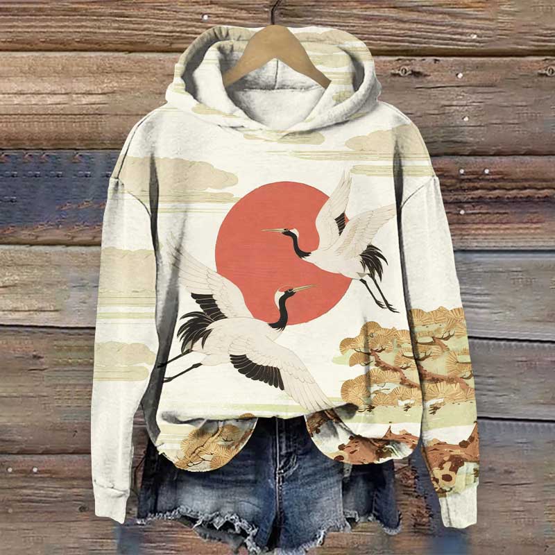 Japanese Vintage Crane Flying Around The Sun Print Long Sleeve Hoodie - White - US44-46(8XL) - image 5