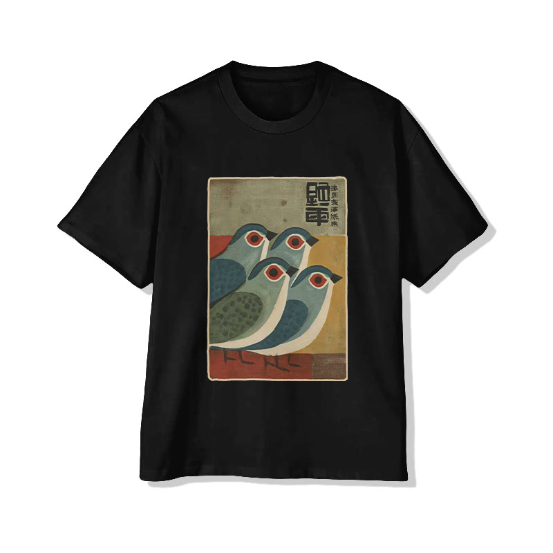 Unisex Vintage Bird Pattern Art Print Short Sleeved Crew Neck T-shirt - Black - 2XL - image 4