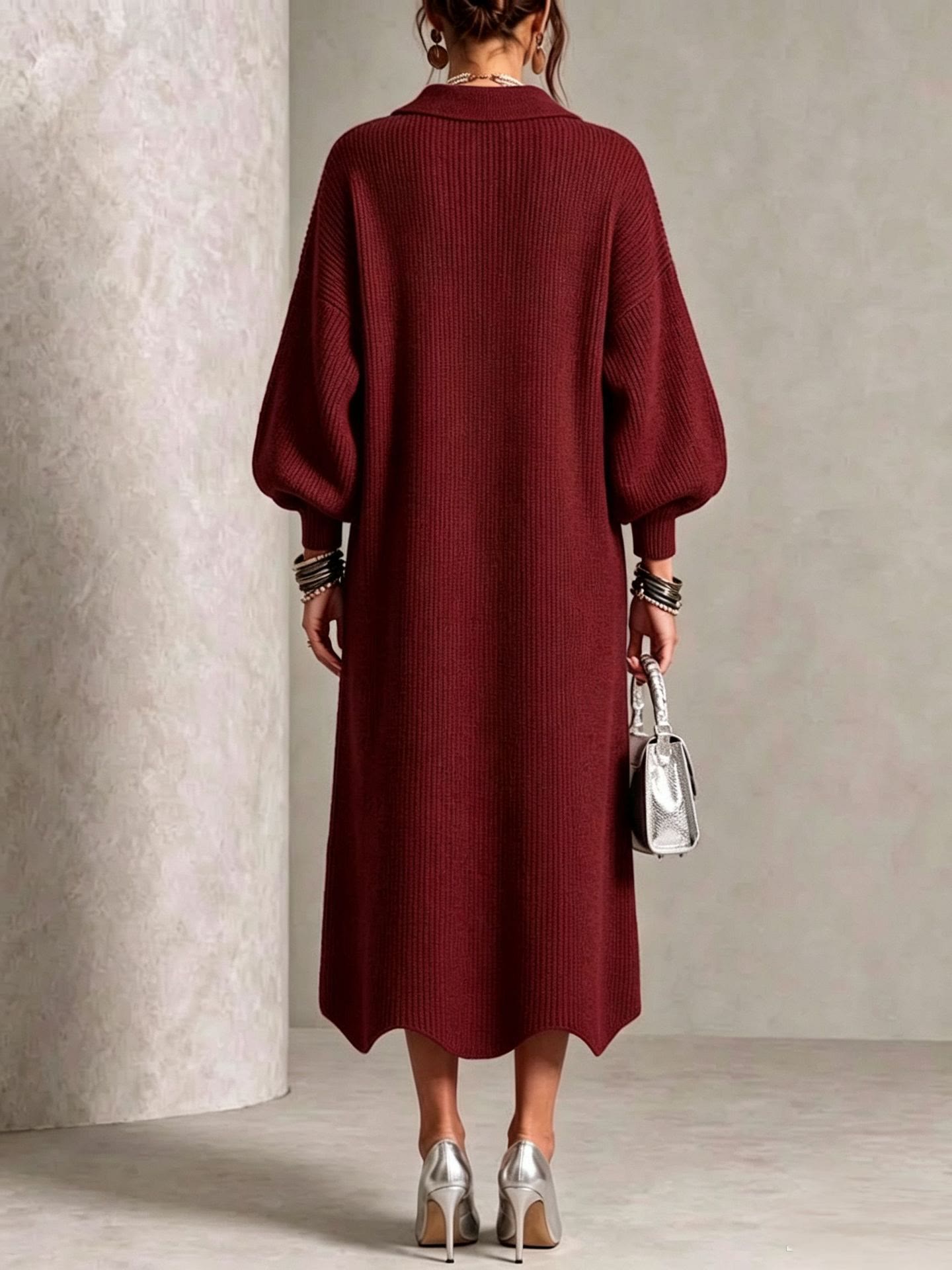 Women's Ribbed Knit Midi Cardigan Dress | Lapel Collar Lantern Sleeve, Statement Button Front - image 16