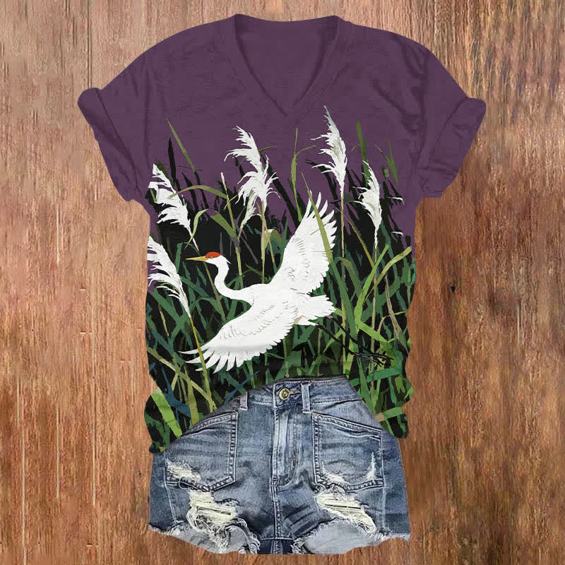 Japanese White Crane Flying Across Reed Marsh Print V-neck T-shirt - Purple - US32-34(5XL) - image 4