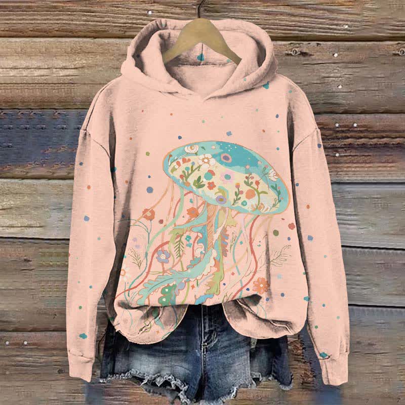 Japanese Creative Floral Jellyfish Art Print Long Sleeve Hoodie - Pink - US44-46(8XL) - image 4