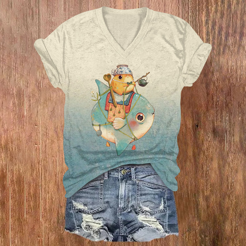 Retro Japanese-style Whimsical Fish Printed Short Sleeved V-neck T-shirt - Light Blue - US32-34(5XL) - image 1