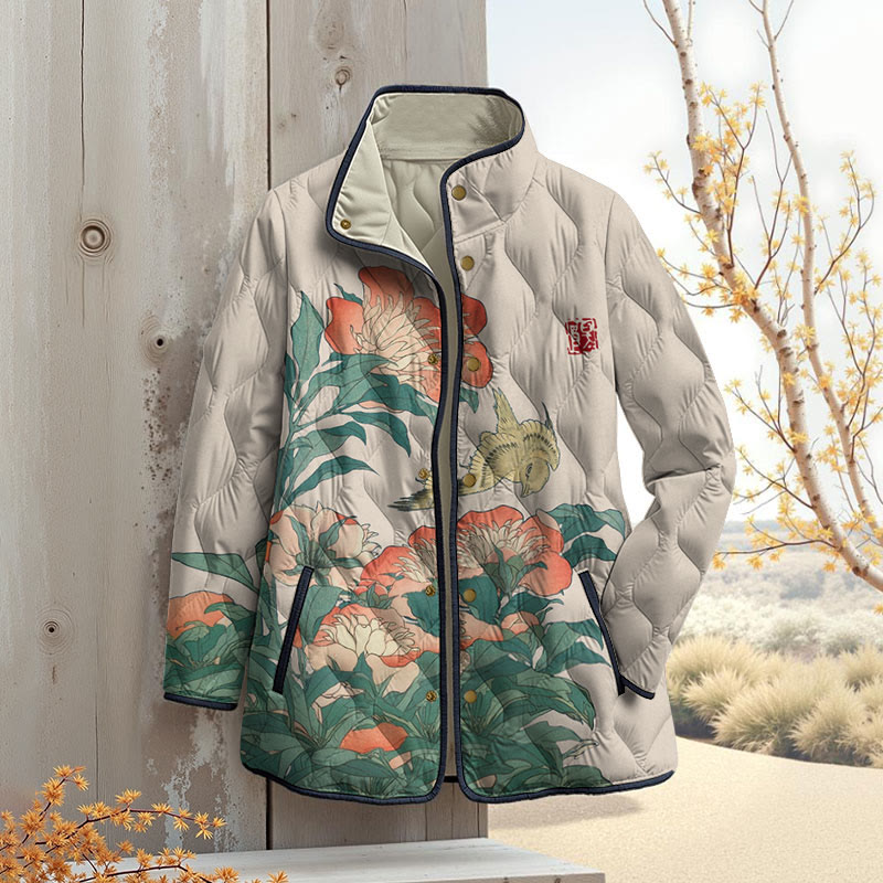 Retro Flower Art Print Outerwear Jackets - Beige - 4XL - image 5