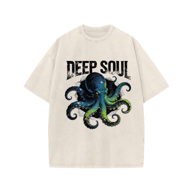 Ombre Octopus Deep Soul Print Acid Washed T-shirt - Beige - US20-22(3XL) - image 3