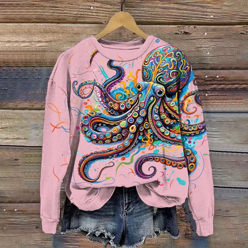 Vintage Octopus Art Print Casual Sweatshirt - Pink - 5XL - image 5