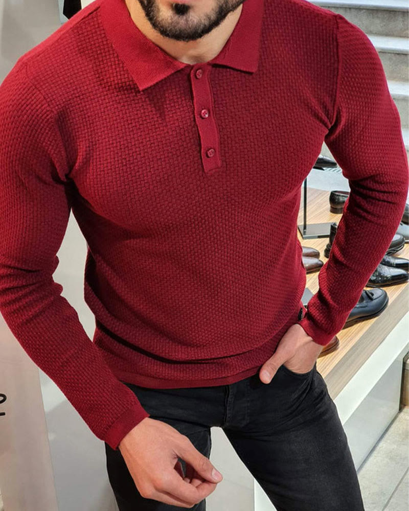 Men's Solid Color Waffle Long Sleeve Polo Shirt - image 8