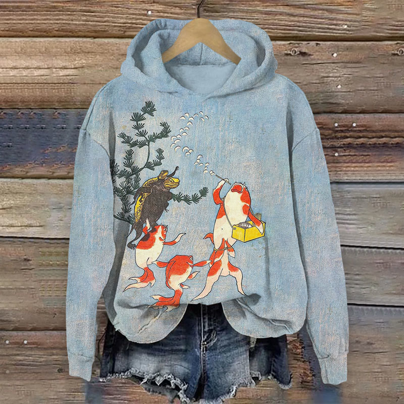 Japanese Gold Fish Making Bubbles Print Long Sleeve Hoodie - Light Blue - US44-46(8XL) - image 3