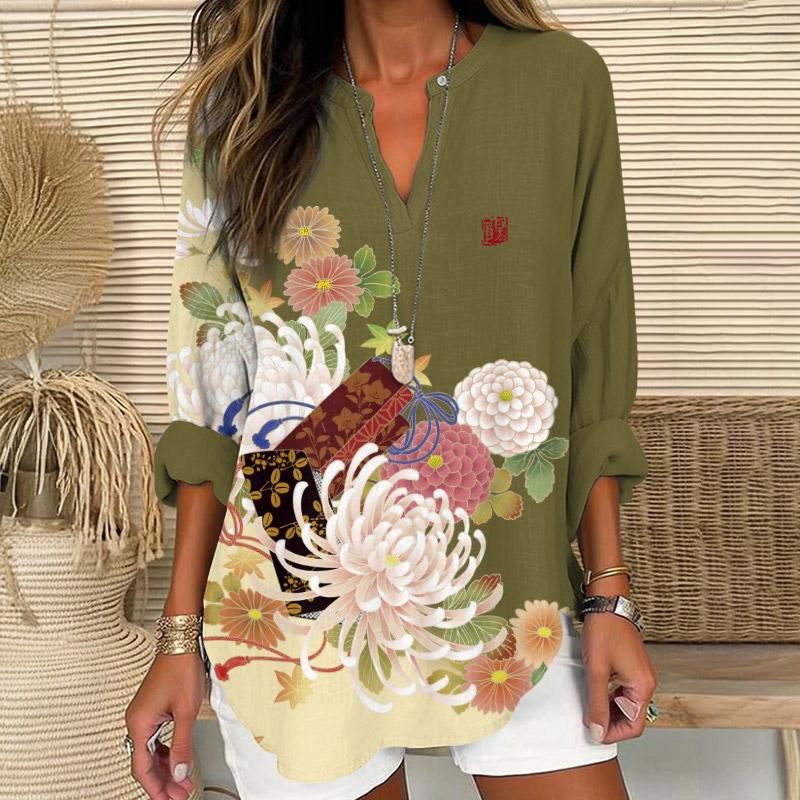 Vintage Chrysanthemum Blossom Art Print V Neck Long Sleeve Blouse - Green - 8XL - image 1