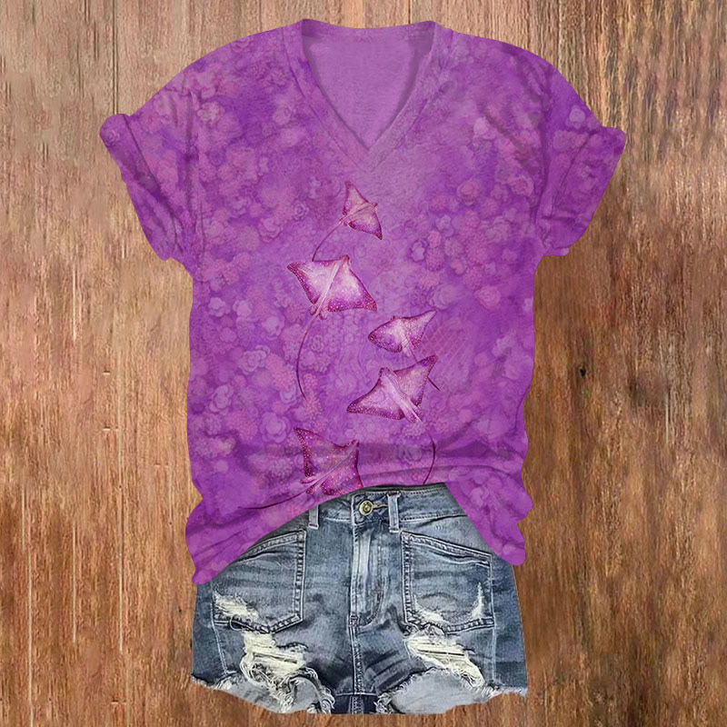  Art Manta Ray With Undersea Flowers Print V-neck T-shirt - Purple - US32-34(5XL) - image 3