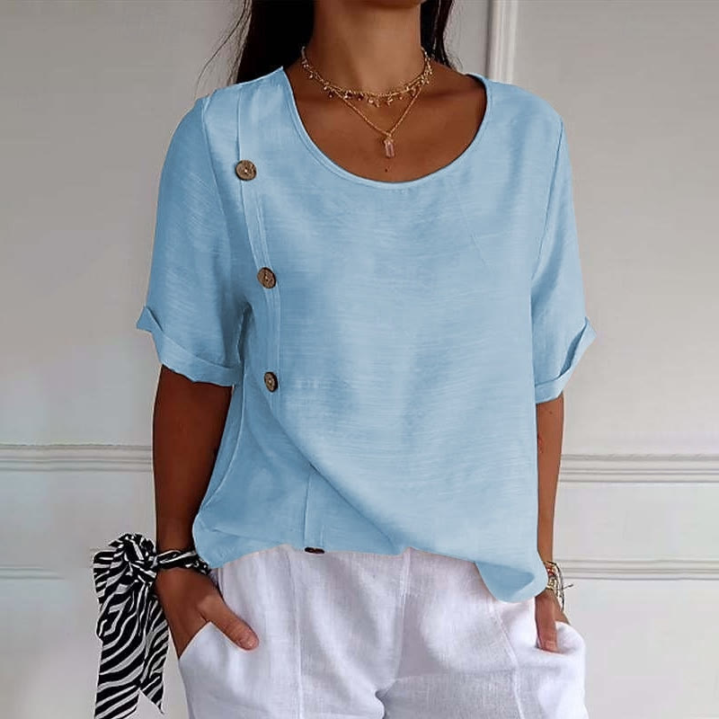 Elegant Solid Asymmetrical Buttons Half-sleeves Round-neck Blouse - Light Blue - 5XL - image 8