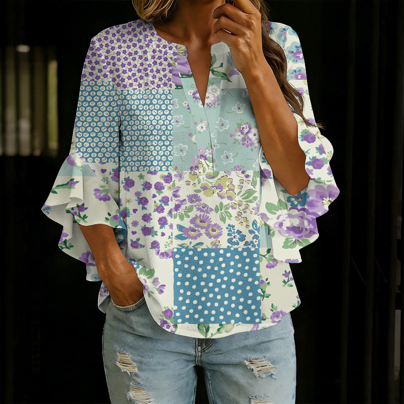  Pastoral Romantic Floral Patchwork Print V-neck Half Sleeve Blouse - Light Blue - 5XL - image 4