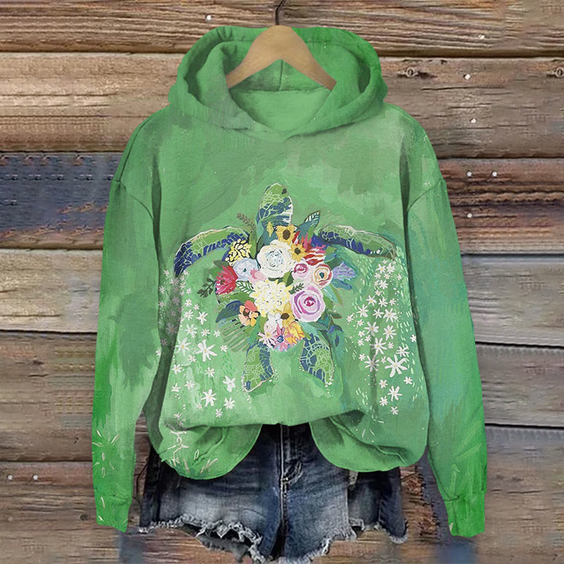  Ocean Turtle With Floral Print Long Sleeve Hoodie - Green - US44-46(8XL) - image 3