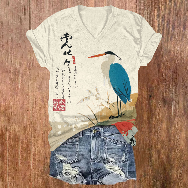 Japanese Art Crane Print Short Sleeved V-Neck T-Shirt - Apricot - US32-34(5XL) - image 1