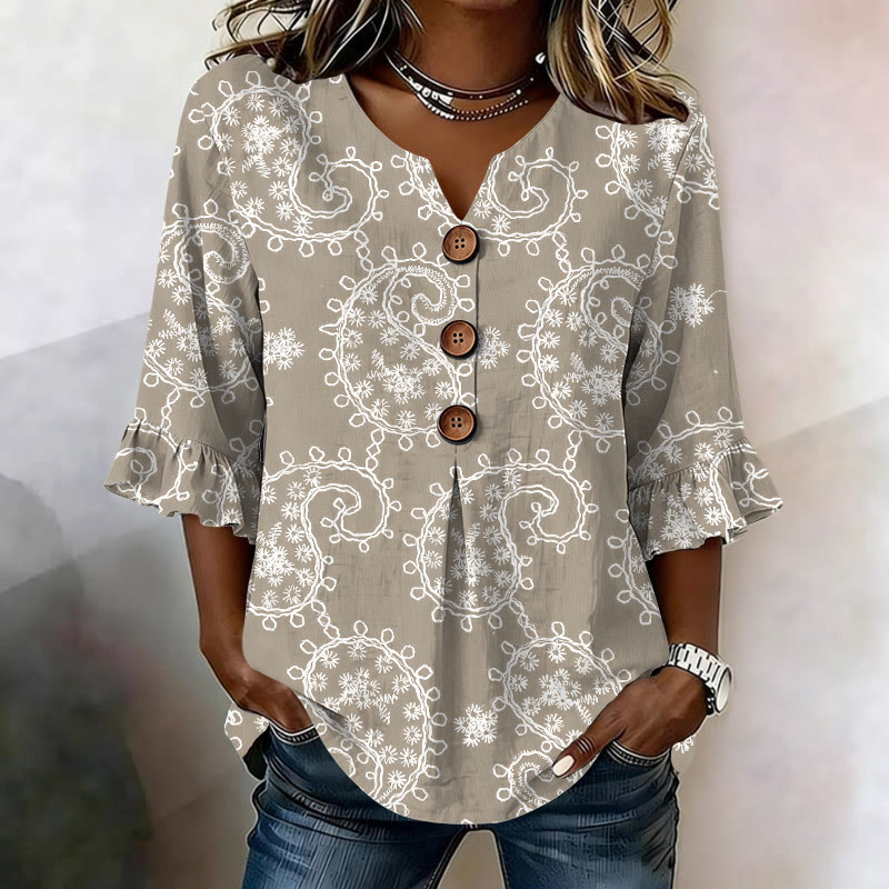 Vintage Paisley Stitch Pattern Print Button V-neck Blouse With Ruffle Sleeves - Apricot - US32-34(5XL) - image 3