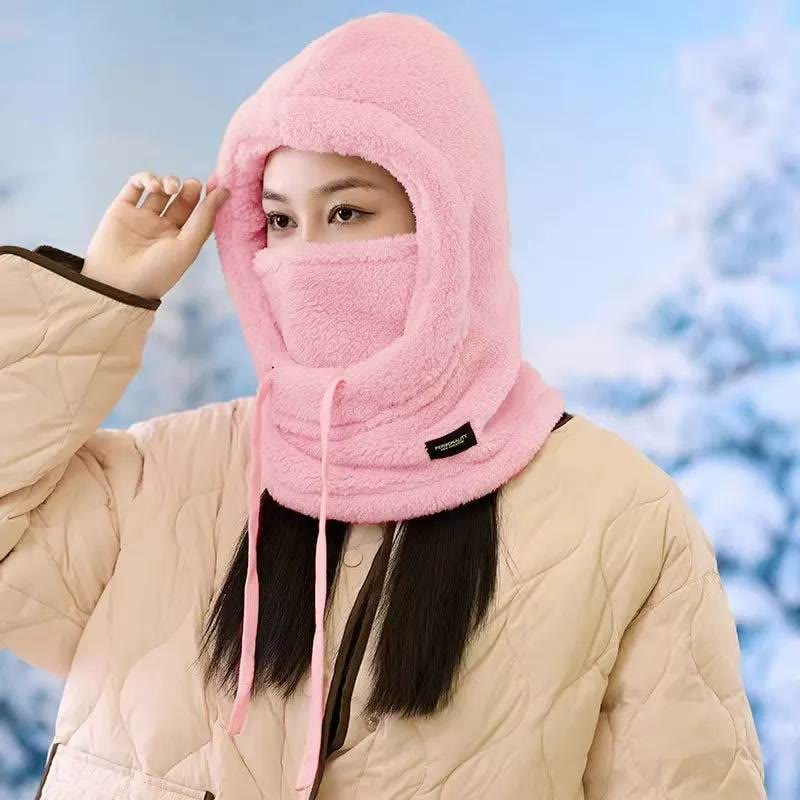 Fuzzy Thermal Drawstring Windproof Full-face Pullover Hood - Pink - one size - image 4
