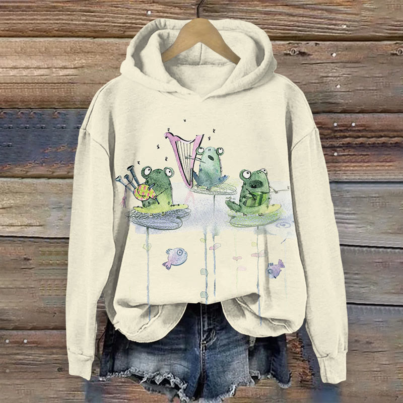  Fun Frogs Playing Musical Instruments Print Long Sleeve Hoodie - Apricot - US44-46(8XL) - image 4