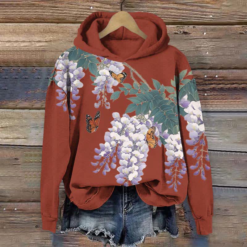Japanese Watercolor Lavender Blossom Art Print Long Sleeve Hoodie - Red - US44-46(8XL) - image 5