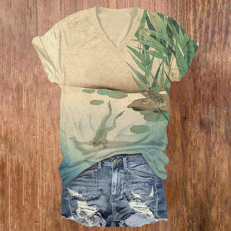Japanese-style Frog Printed Short Sleeved V-neck T-shirt - Apricot - US32-34(5XL) - image 1