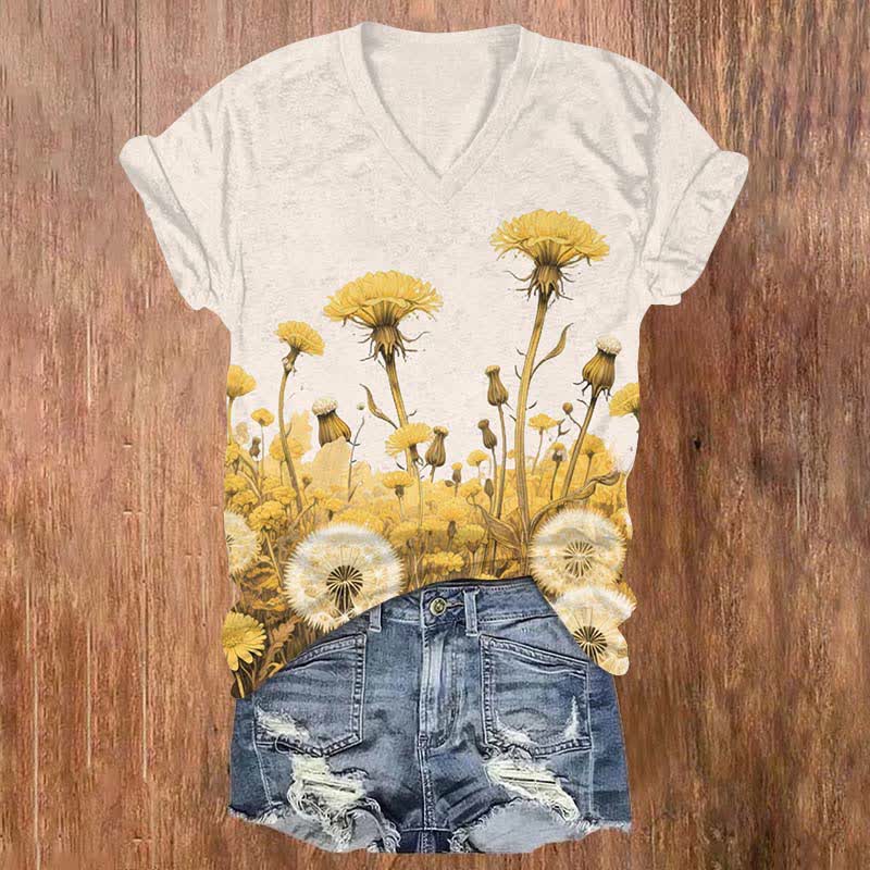 Japanese Vintage Sunflower & Dandelion Art Print V-neck T-shirt - Beige - US32-34(5XL) - image 6