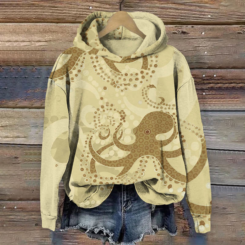 Funny Circle Pattern Octopus Art Print Long Sleeve Hoodie - Yellow - US44-46(8XL) - image 3