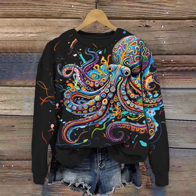 Vintage Octopus Art Print Casual Sweatshirt - Black - 5XL - image 7