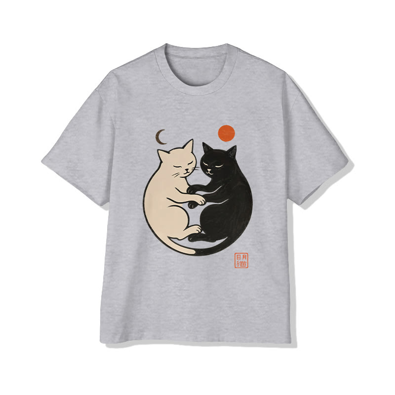 Unisex Sun And Moon Cat Pattern Print Short Sleeved Crew Neck T-shirt - Grey - 2XL - image 3