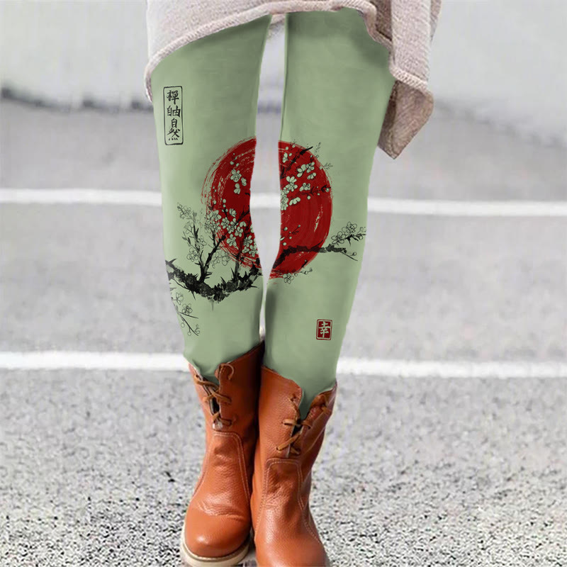 Sunrise Japanese Art Print Leggings - Green - 5XL - image 4