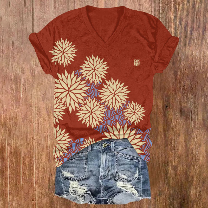 Japanese Vintage Chrysanthemum Water Ripple Pattern Print Short Sleeved V-neck T-shirt - Red - US32-34(5XL) - image 4