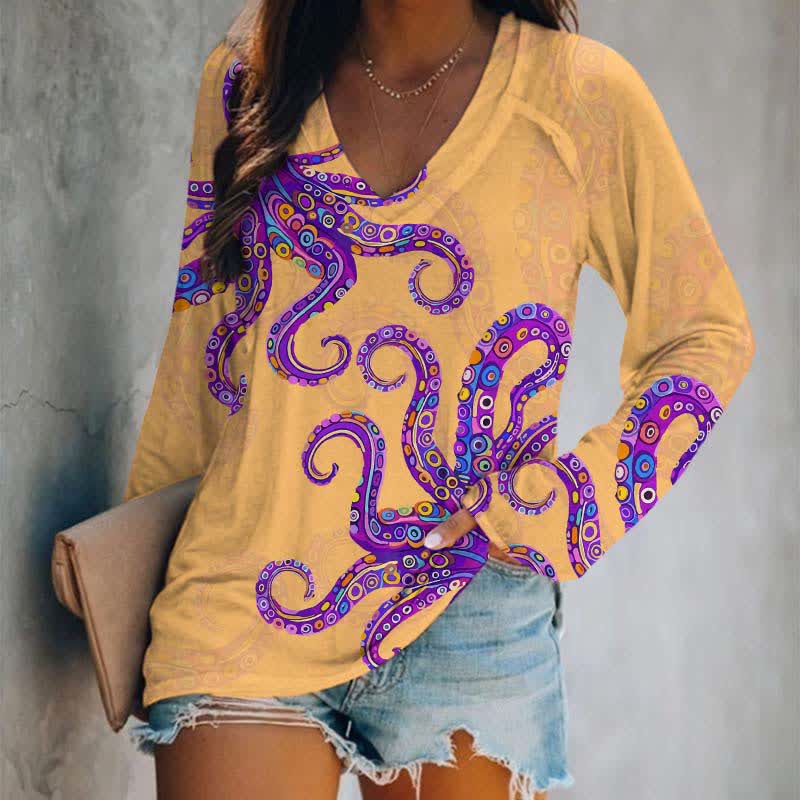 Vintage Funny Geometric Pattern Octopus Print Long Sleeve T-shirt - Orange - 5XL - image 3