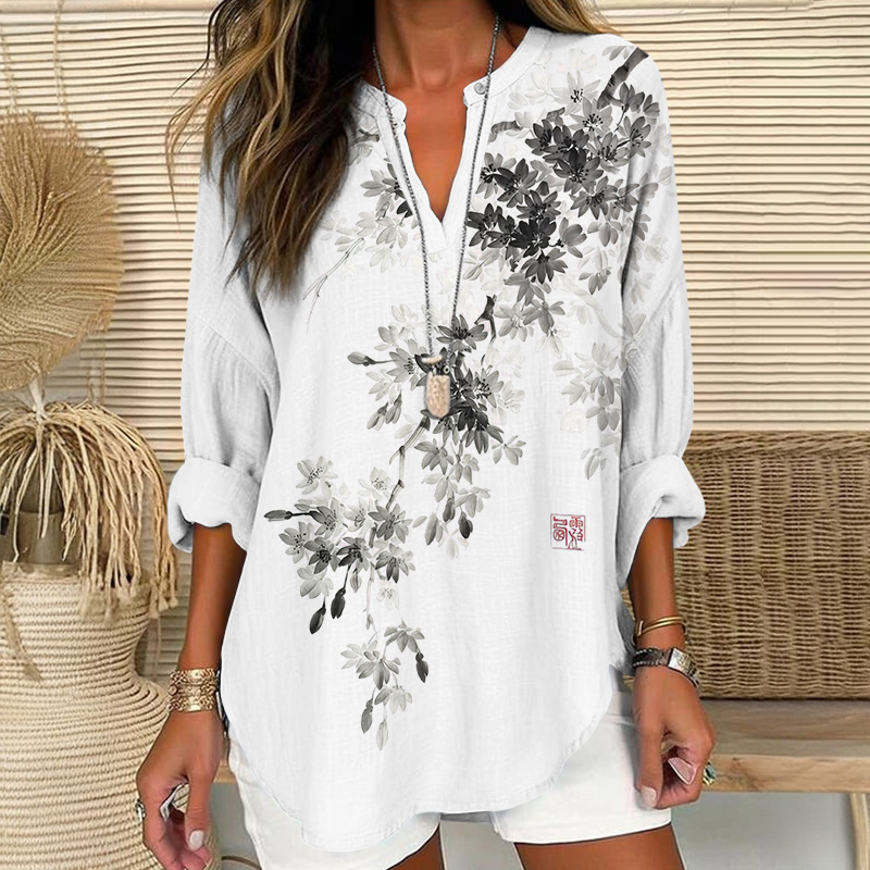 Vintage Ink Watercolor Floral Art Print V Neck Long Sleeve Blouse - White - 8XL - image 1