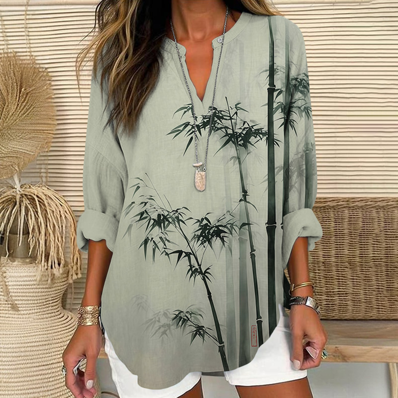 Japanese Vintage Bamboo Tree Art Print V Neck Long Sleeve Blouse - Green - 8XL - image 1