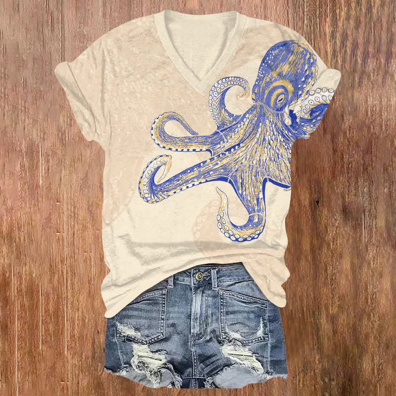 Creative Crayon Painting Octopus Art Print V-neck T-shirt - Beige - US32-34(5XL) - image 4