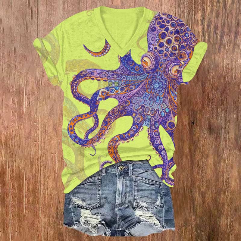 Unique Exquisite Octopus Pattern Print V-neck T-shirt - Light Green - US32-34(5XL) - image 5
