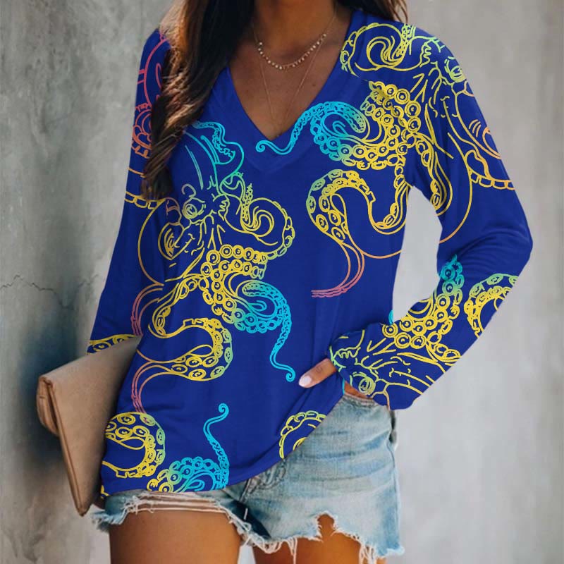 Japanese Abstract Color Painting Octopus Art Print Long Sleeve T-shirt - Blue - 5XL - image 5